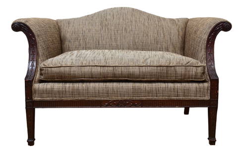 Antique Carved Wood Single Cushion Upholstered Settee: Dimensions: 52"W x 33”D x 34”H - Floor to seat: 21”HTown Auction House & Gallery also offers local delivery to Manhattan,