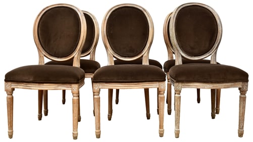 Set of Six French Louis XVI Oval Back Carved Wood Upholstered Dining Chairs