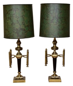 Pair Of Brass Table Lamps With Marbleized Shades