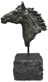 Signed Bronze Horse Head Sculpture On Stone Base