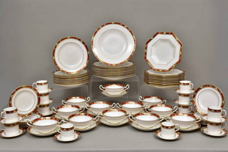Royal Crown Derby Cloisonne Dinnerware - Complete Service for 12 (76 pcs.): Including: - 12 Dinner plates: 10 5/8" - 12 Salad plates: 8 1/2" - 12 Bread & butter plates: 6 1/4" - 12 Octagon shaped bowls - 12 Demitasse cups and saucers - 12 Bouillon double handled bowls and sau