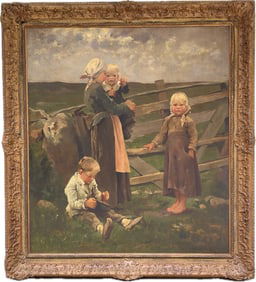 After Hugo Salmson (1843-1894) Signed Oil on Canvas Painting Depicting A Mother With Children