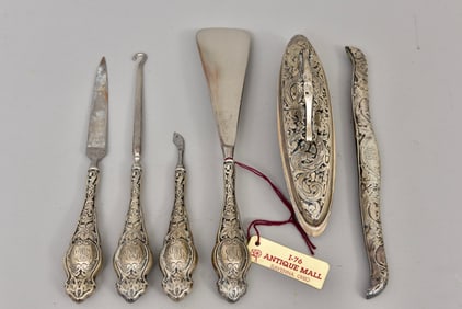 Antique Six Piece Sterling Silver Dressing Table Set