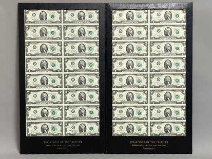 1976 Department of the Treasury Uncut Sheets of 32 $2.00 Bills: Two 16-note sheets of $2.00 bills in Department of the Treasury frame from the Treasury in Washington D.C.Town Auction House