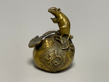 Chinese Brass Statue Of A Rat On A Yuanbao With A Ruyi