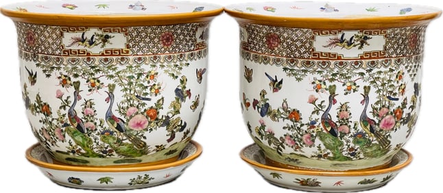 Pair Of Chinese Famille Rose Porcelain Jardinieres With Saucers, Early 20th Century