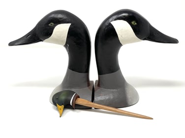 A Pair Of Cast Iron Canadian Geese Bookends And A Carved Wooden Duck Letter Opener