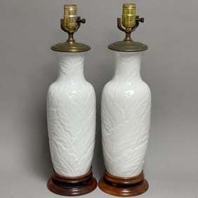 Pair Of Hollywood Regency Palm Leaf White Porcelain Table Lamps