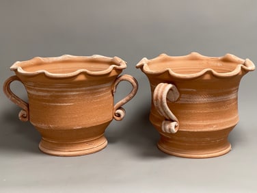 Pair Of Italian Handmade Pie Crust Edge Antonini Terra Cotta Planters