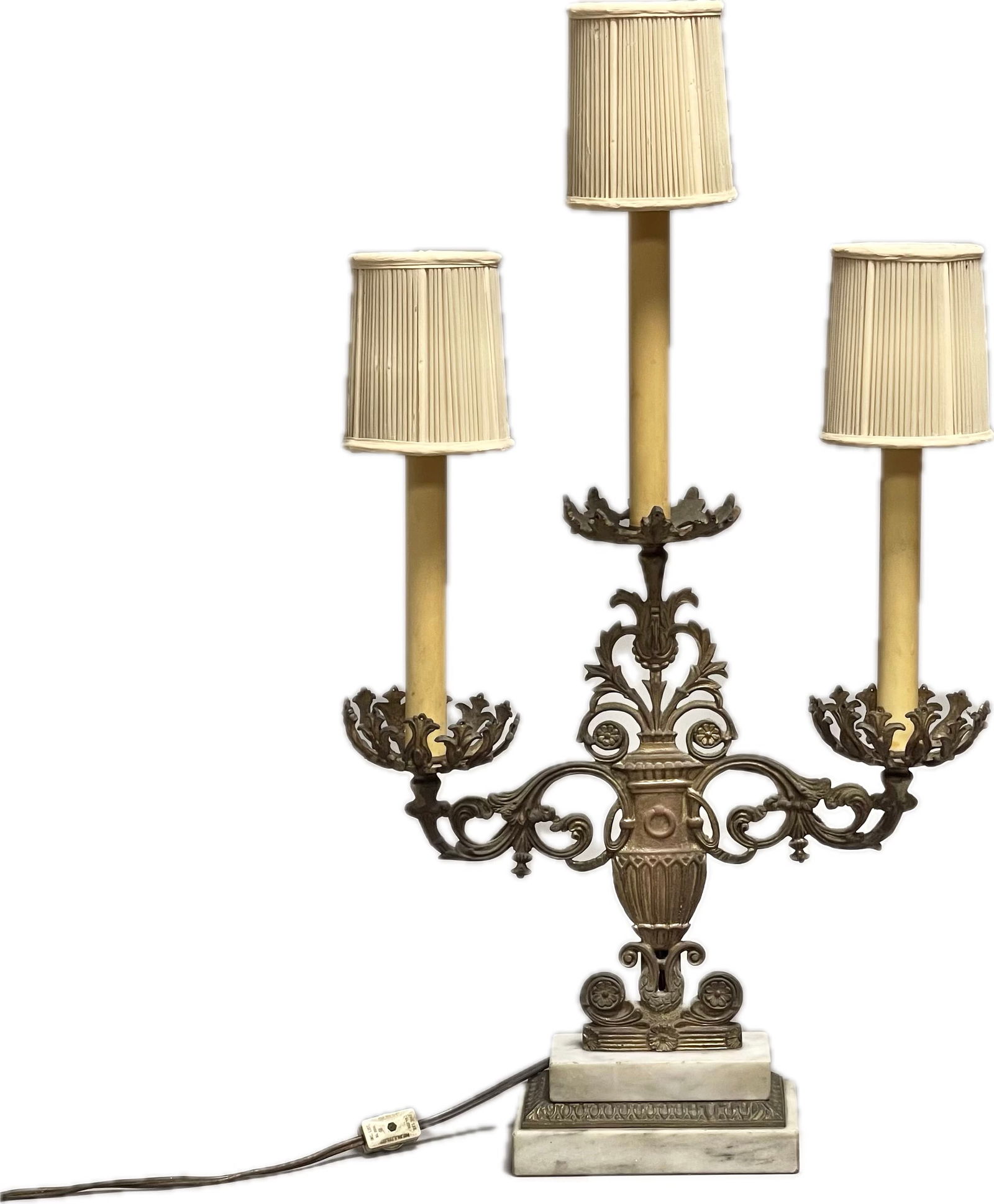Antique Brass Candelabra Table Lamp With Marble Base: Dimensions: 14”W x 5”D x 24”H Town Auction House & Gallery also offers local delivery to Manhattan, Connecticut and Westchester for most items excluding large furniture. For a price