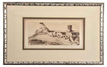 Lionel S. Reiss Signed Etching Signed “Boys On Wharf” Numbered 25/100