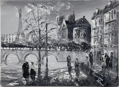 Signed Petite Parisian Cityscape Painting On Board