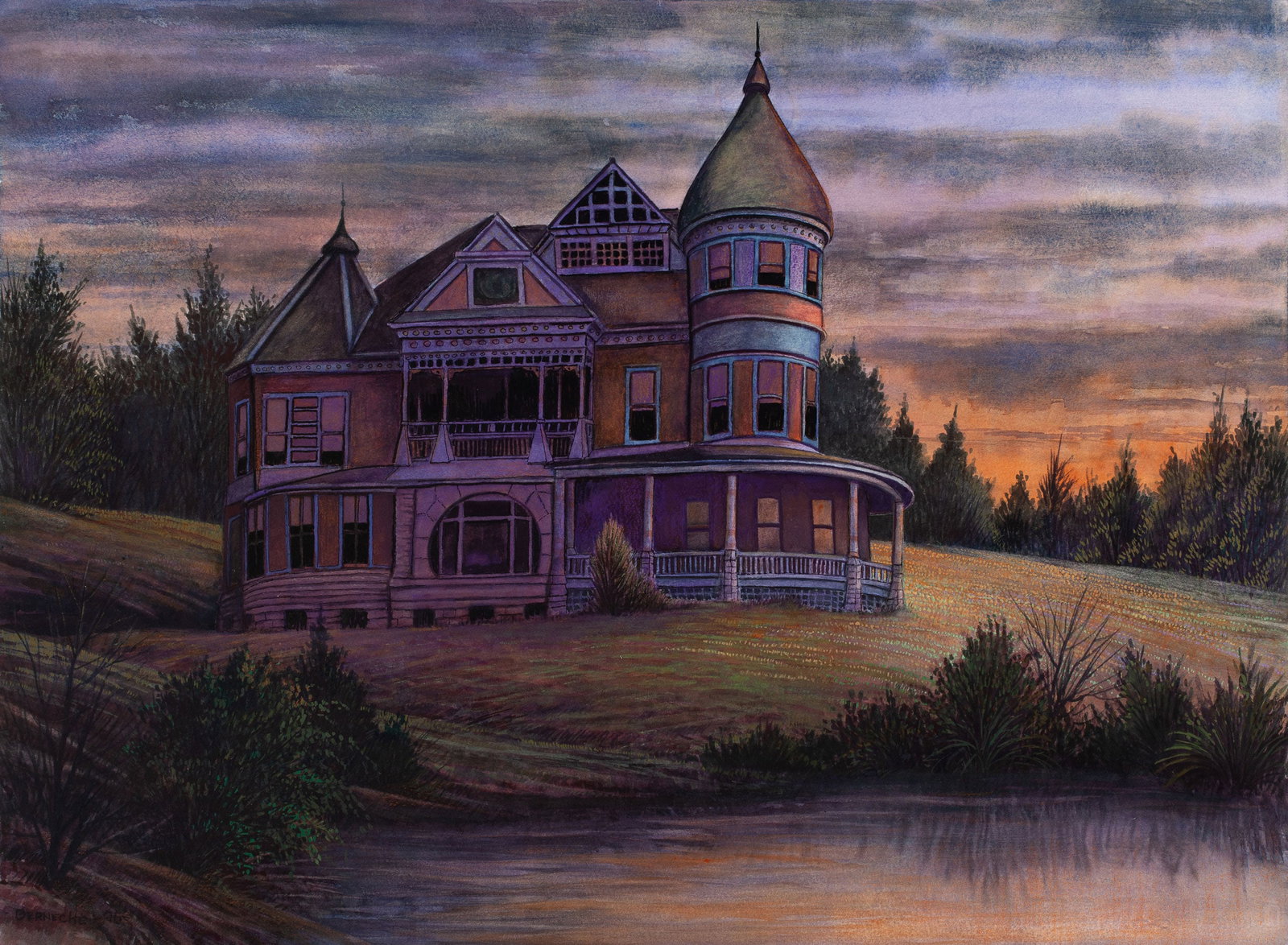 Jerry Berneche, "Small Town No. 1," Original c.1990 watercolor on Arches, unframed: Jerry Berneche (1934-2016) received his BFA in 1956 and taught at various institutions, including the University of Missouri until 2008. His work has been widely exhibited and is included in several m