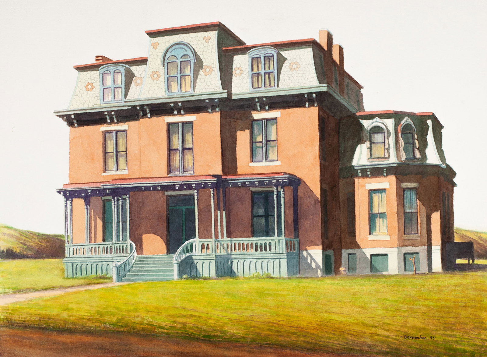 Jerry Berneche, "Small Town No. 4," Original 1995 watercolor on Arches, unframed: Jerry Berneche (1934-2016) received his BFA in 1956 and taught at various institutions, including the University of Missouri until 2008. His work has been widely exhibited and is included in several m