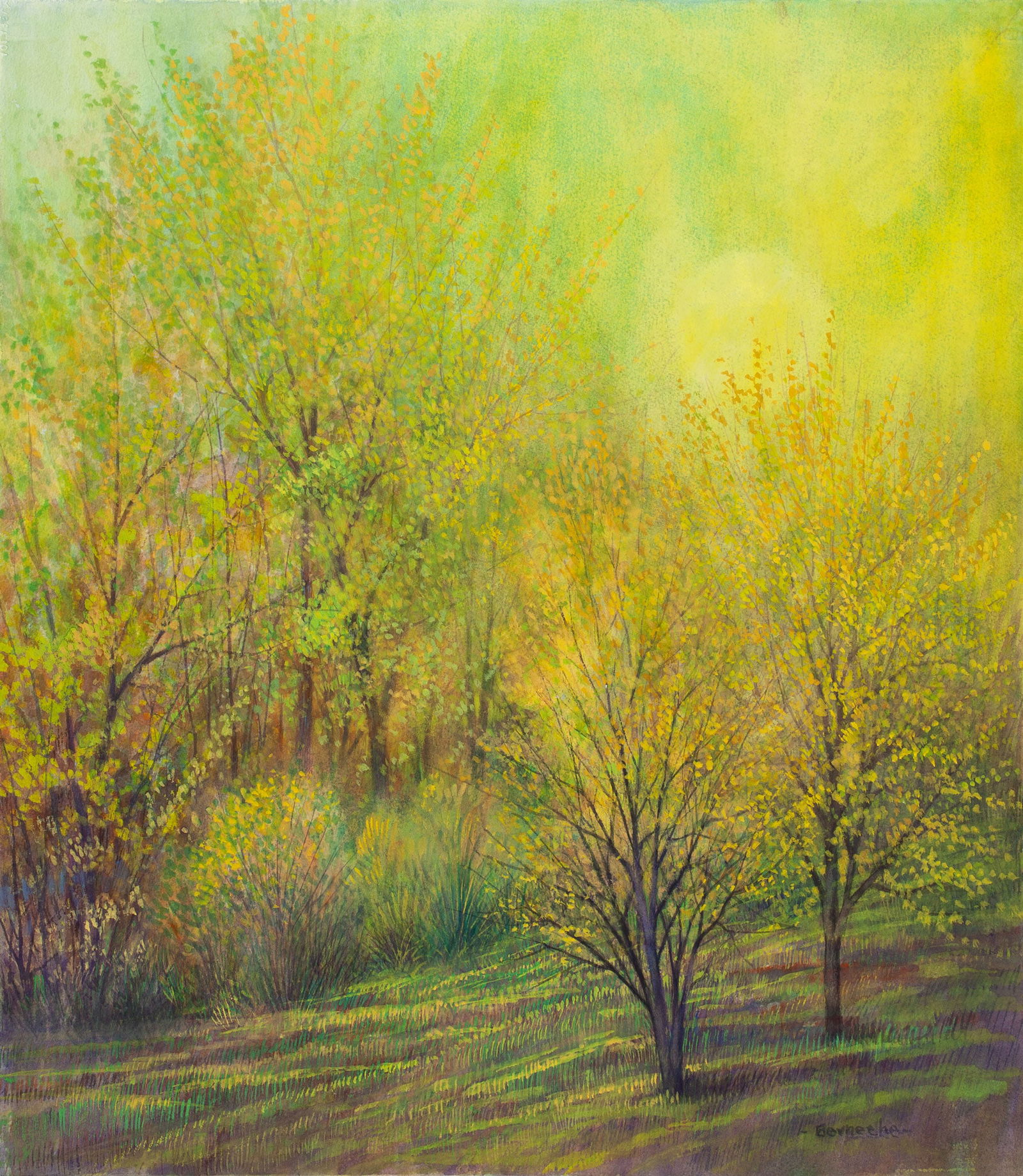 Jerry Berneche, Original c. 1990 watercolor, pastel, and gouache on paper, "Landscape 15,": Jerry Berneche (1934-2016) received his BFA in 1956 and taught at various institutions, including the University of Missouri until 2008. His work has been widely exhibited and is included in several m