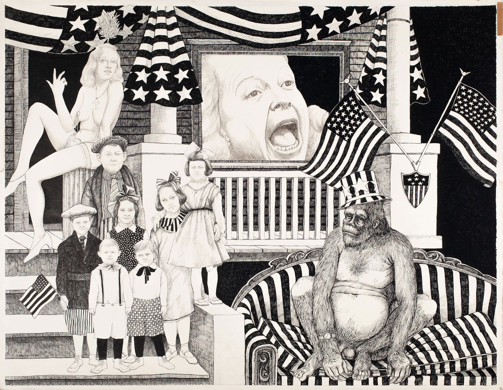 Jerry Berneche, "4th of July No. 1," Original 1975 ink and graphite on paper, unframed (1 of 5)