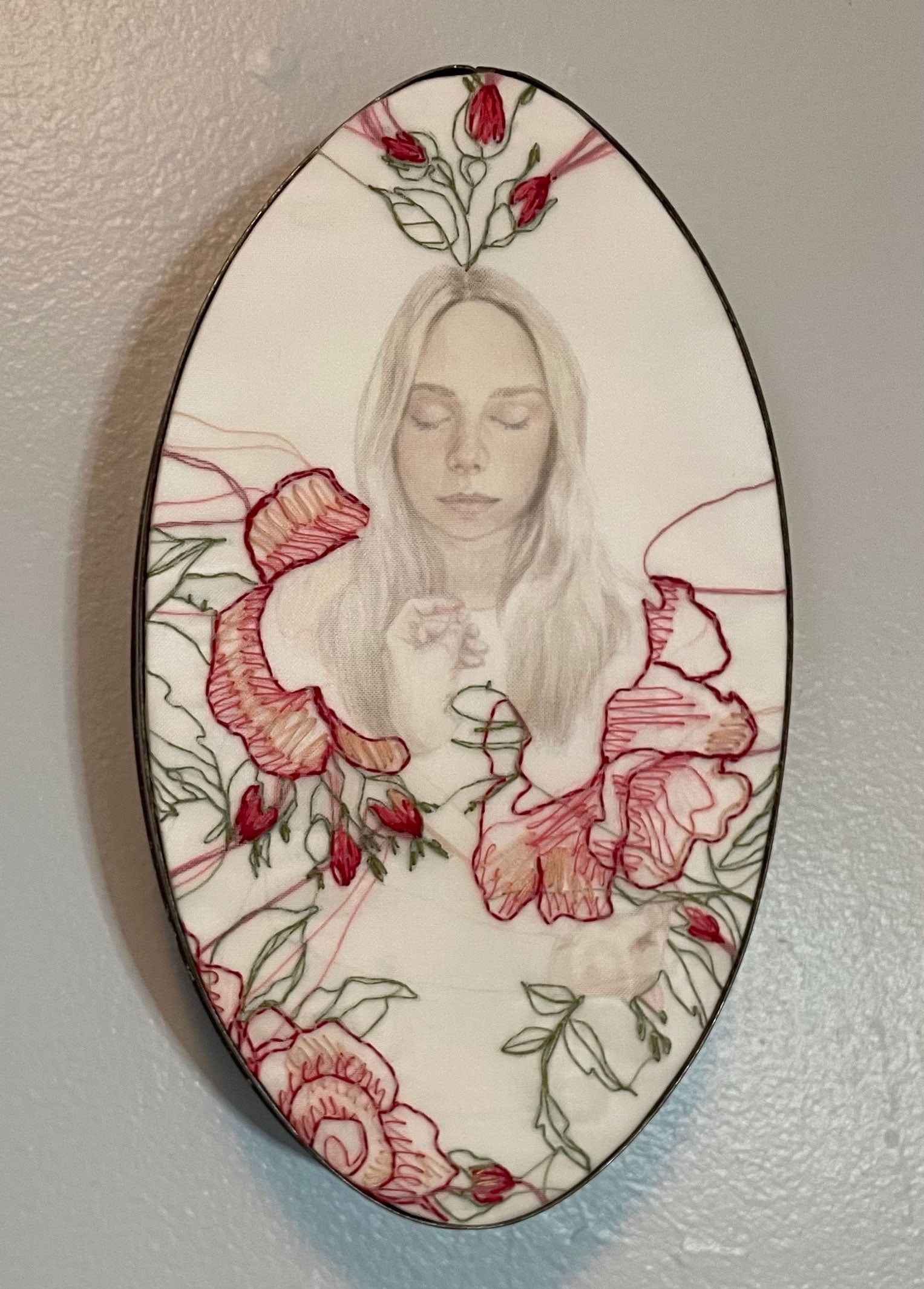 Hannah Reeves, Original work in chalk, graphite, & stitching on fabric & found object, "Grow Incorpo: This work is inset to a found object and ready to hang. Hannah Reeves is a contemporary artist known for mixed-media works exploring memory, materiality, and color field abstraction, often in combinat