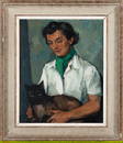 Unkown artist, "Woman in Green Scarf with Cat," Original 1940 oil on canvas,