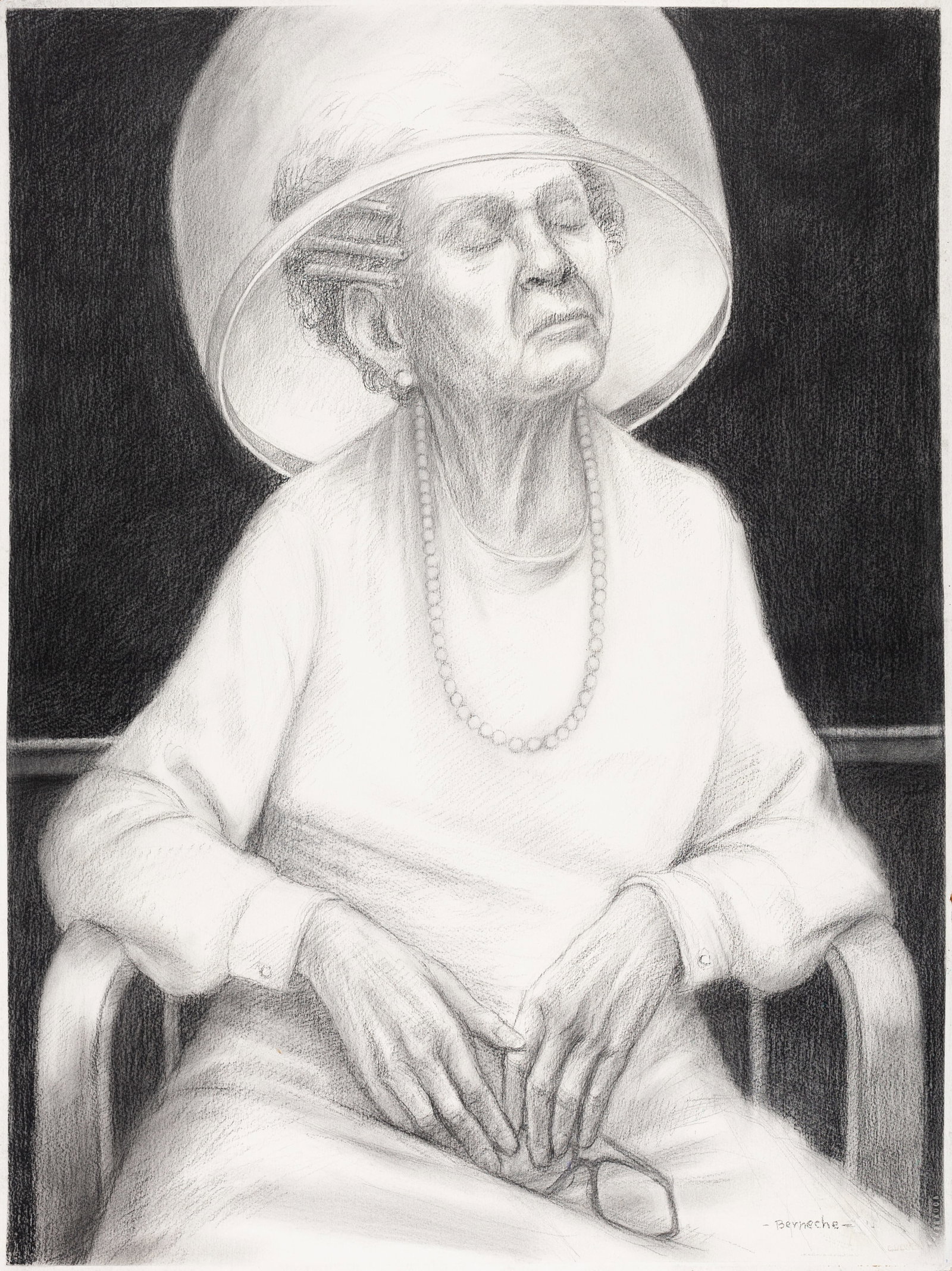 Jerry Berneche, Hair Dryer, c. 1980s, Original charcoal on paper, Signed: Jerry Berneche (American, 1932–2016) was a painter and draftsman known for his precise mark-making and contemplative portraiture. Born in Greentown, Indiana, he studied at the John Herron Art Instit