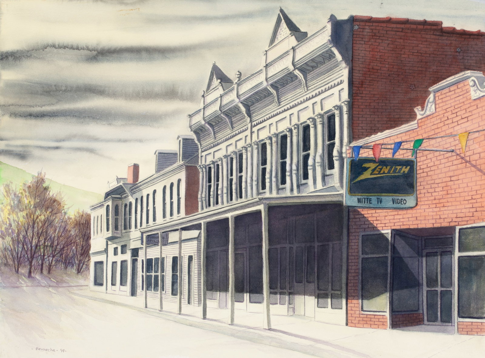 Jerry Berneche, Small Town No. 15, 1994, Original watercolor on Arches, Signed (1 of 4)