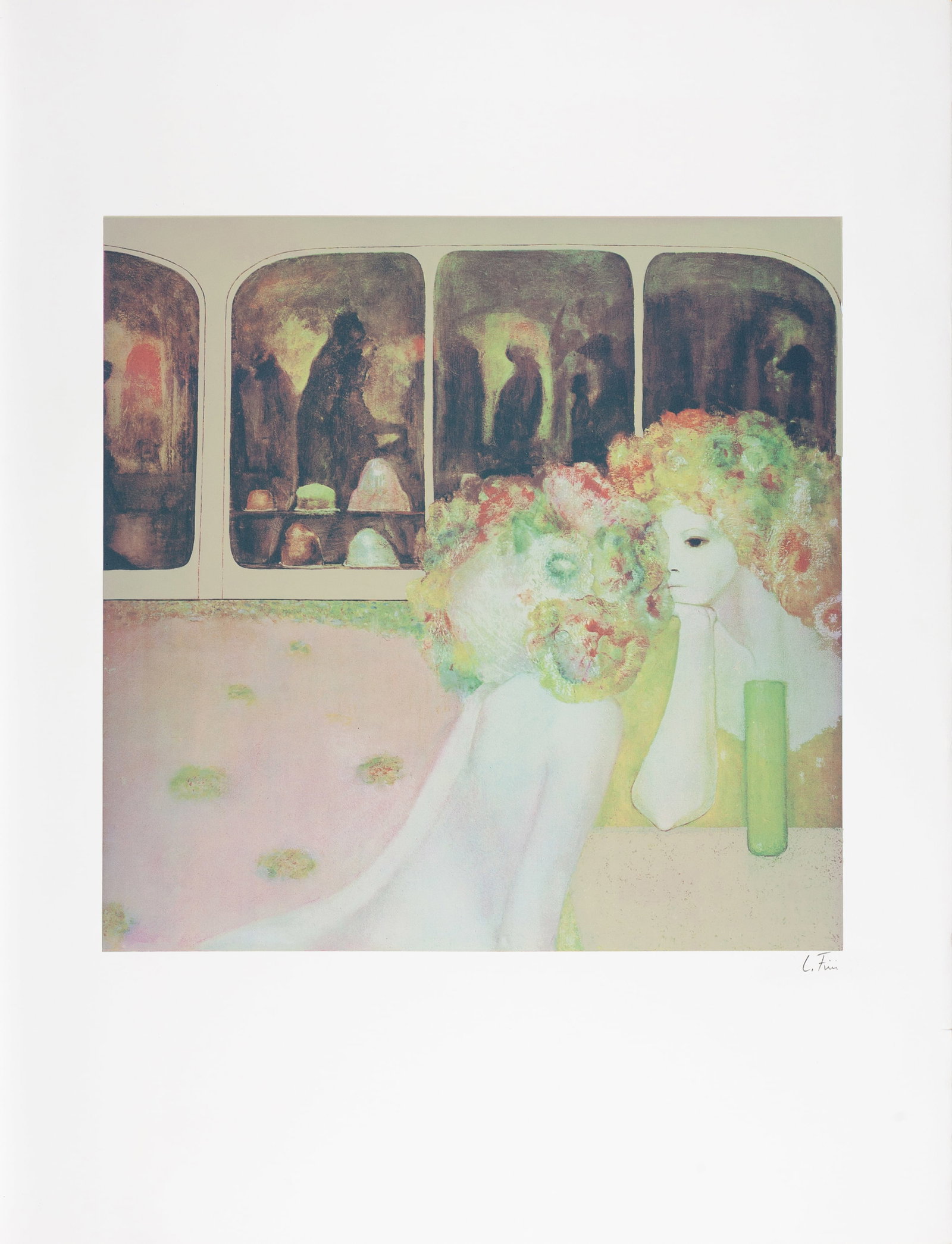 Leonor Fini, Untitled (Gossip), 1976, Serigraph on cotton paper, from the edition of 175, Signed,: Leonor Fini (Argentine-French, 1907–1996) was a movement-defying 20th century artist whose work is held in major museum collections including the Louvre, the Museum of Modern Art, and the Metropolit