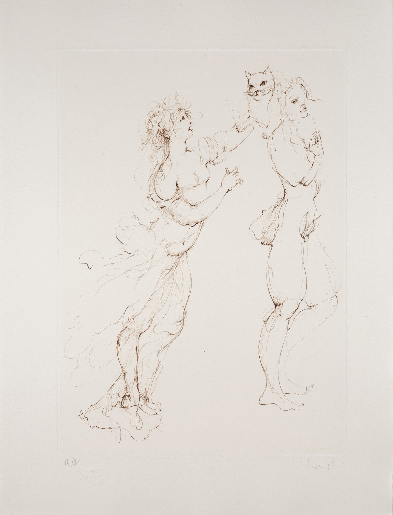 Leonor Fini, Les Elus De La Nuit (2B), 1986, Etching on Arches paper, Edition 14/31, Signed: Leonor Fini (Argentine-French, 1907–1996) was a movement-defying 20th century artist whose work is held in major museum collections including the Louvre, the Museum of Modern Art, and the Metropolit