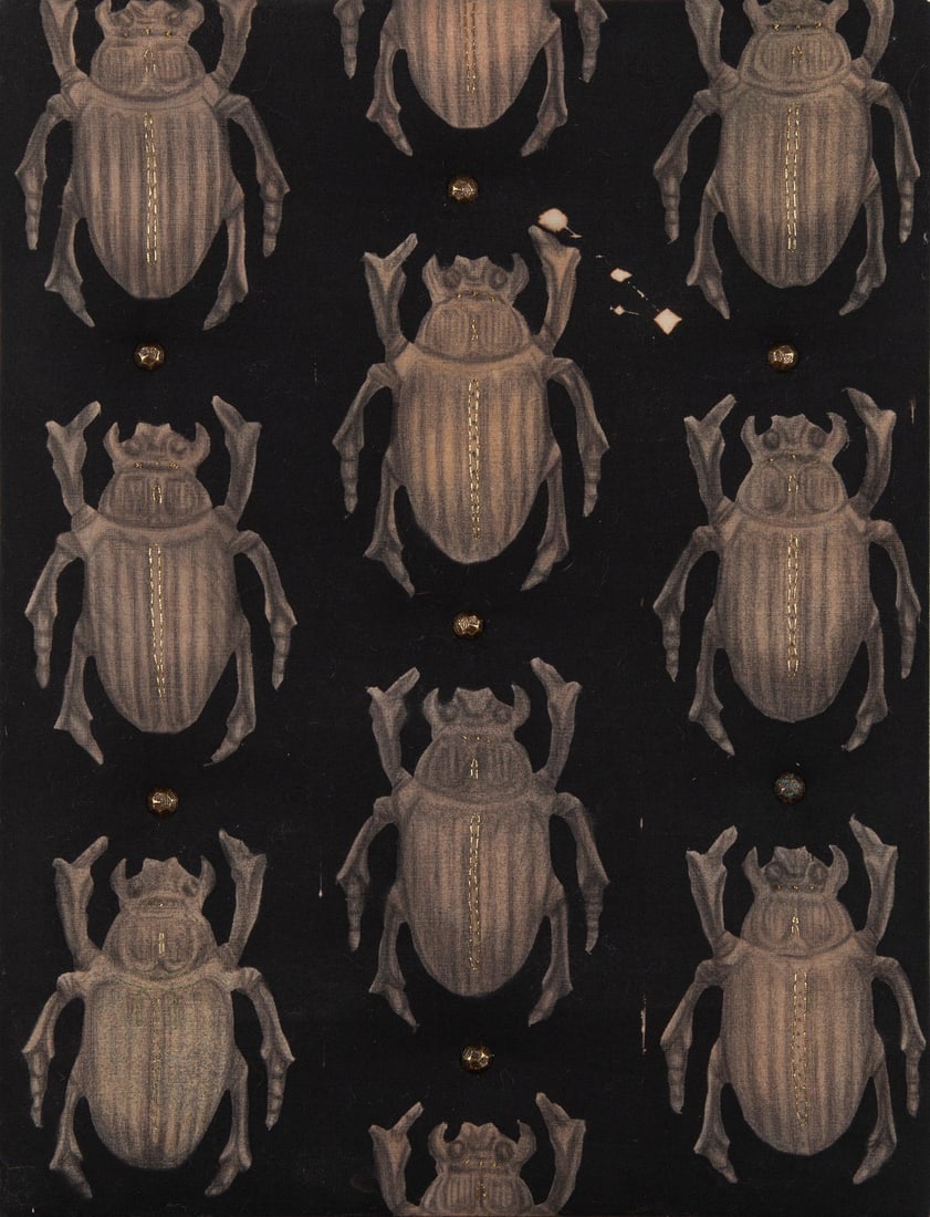 Hannah Reeves, Beetles (Fertillity and Eternity), 2016, Original mixed media piece with bleach,: Hannah Reeves (American, b.1981) is a painter and textile-based artist whose work engages material and process through layered surfaces. She received her BFA and MFA from the University of Missouri an