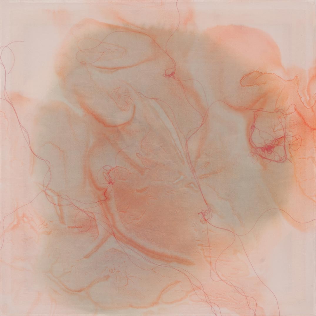 Hannah Reeves, Bloom Signal, 2023, Original acrylic and dye on cotton and organdy: Hannah Reeves (American, b.1981) is a painter and textile-based artist whose work engages material and process through layered surfaces. She received her BFA and MFA from the University of Missouri an