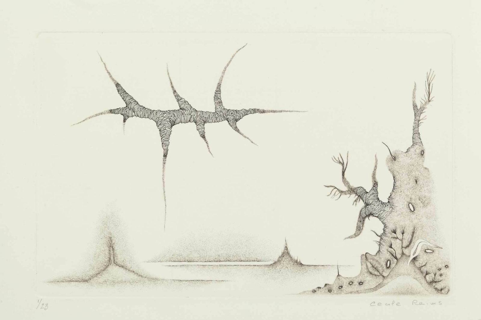 Cecile Reims, Cosmogonies No. 2, 1959, Drypoint etching on cotton paper, Edition 1/23, Signed,: Cécile Reims (French, 1927-2020) discovered engraving as an apprentice at seventeen and became one of France's foremost master engravers, producing over 1400 works over her career. Awarded the Legion