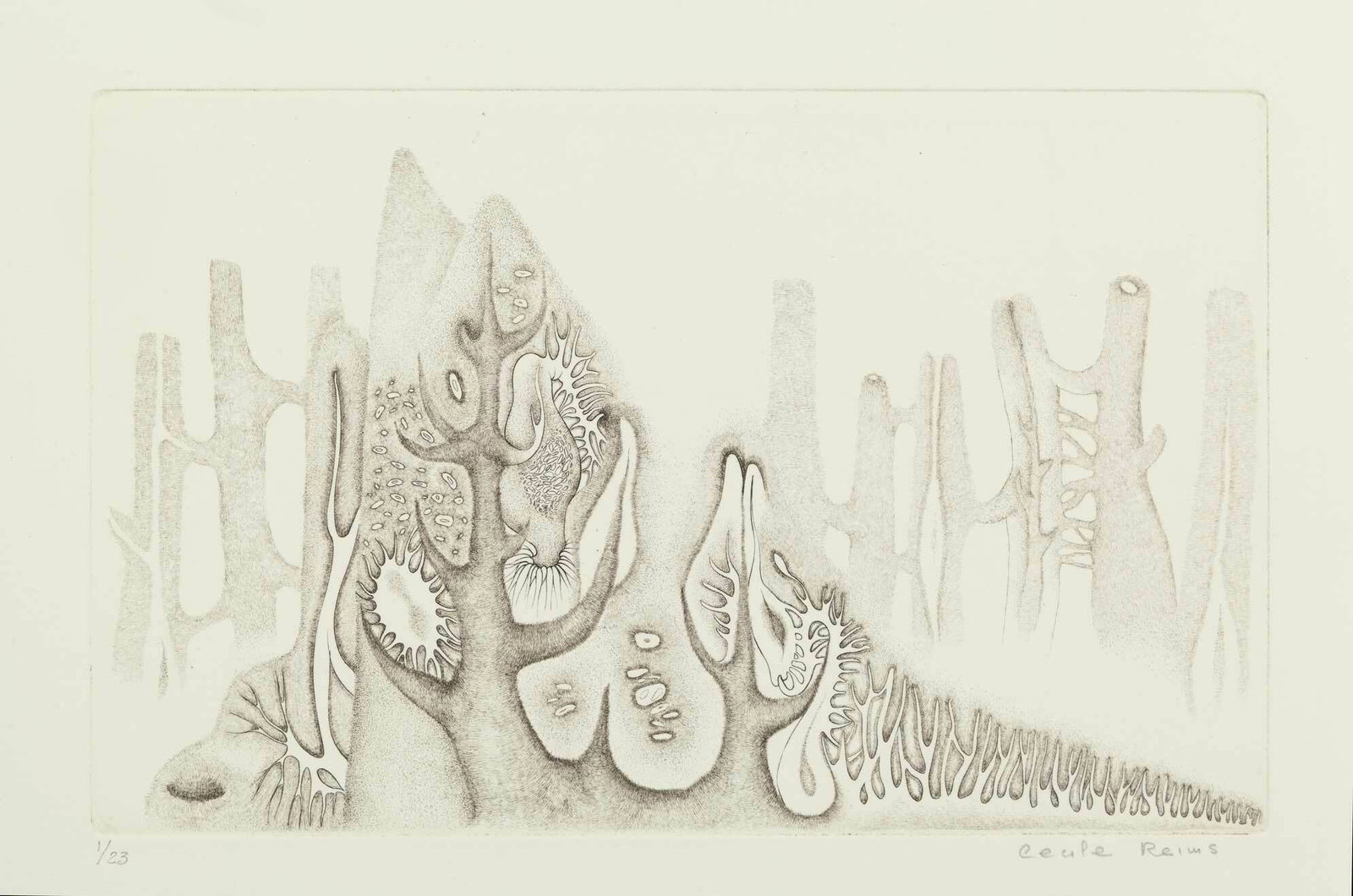 Cecile Reims, Cosmogonies No. 4, 1959, Drypoint etching on cotton paper, Edition 1/23, Signed,: Cécile Reims (French, 1927-2020) discovered engraving as an apprentice at seventeen and became one of France's foremost master engravers, producing over 1400 works over her career. Awarded the Legion