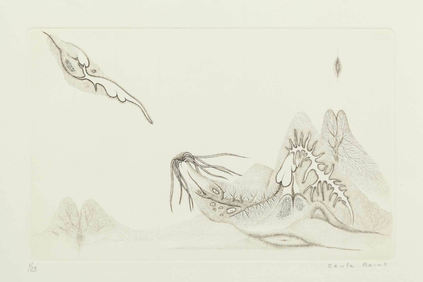 Cecile Reims, Cosmogonies No. 5, 1959, Drypoint etching on cotton paper, Edition 1/23, Signed,: Cécile Reims (French, 1927-2020) discovered engraving as an apprentice at seventeen and became one of France's foremost master engravers, producing over 1400 works over her career. Awarded the Legion