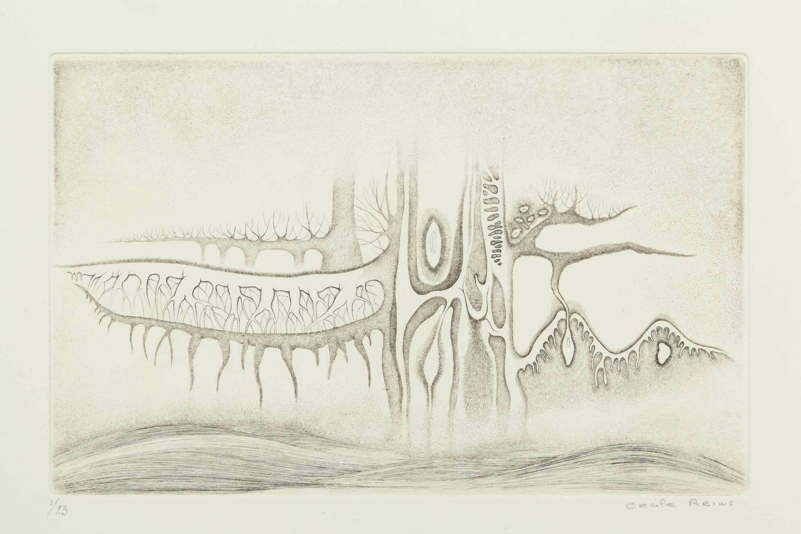 Cecile Reims, Cosmogonies No. 6, 1959, Drypoint etching on cotton paper, Edition 1/23, Signed,: Cécile Reims (French, 1927-2020) discovered engraving as an apprentice at seventeen and became one of France's foremost master engravers, producing over 1400 works over her career. Awarded the Legion