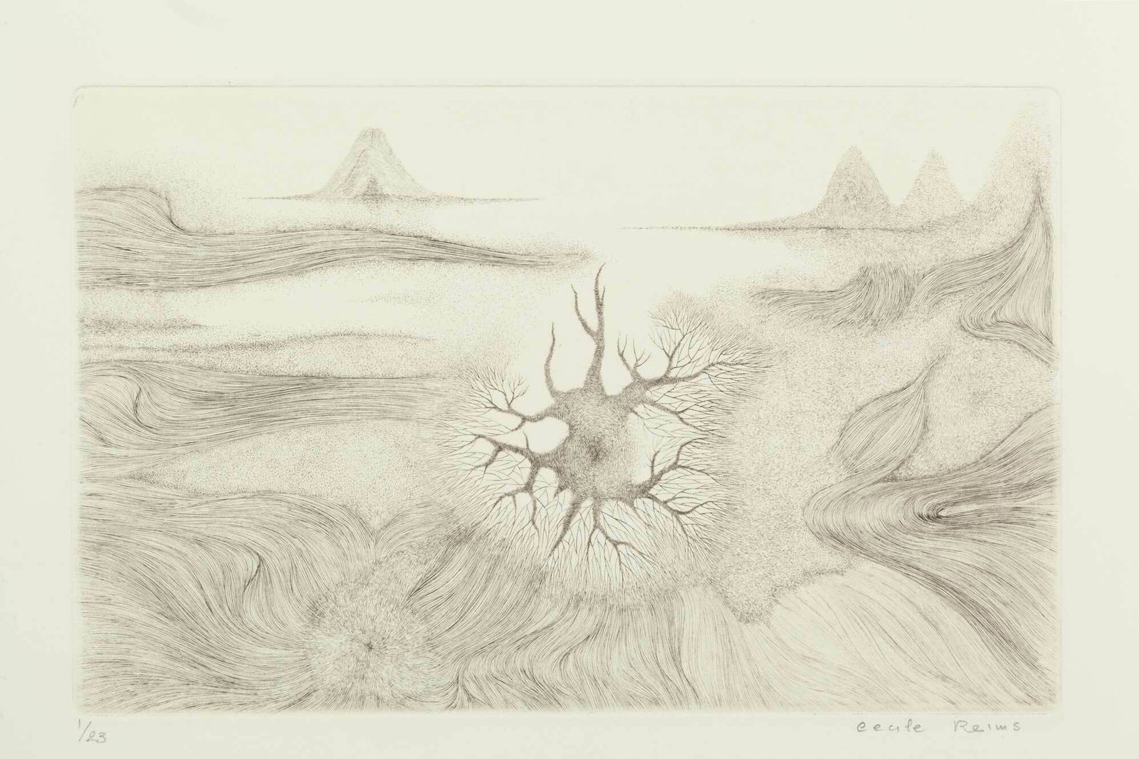 Cecile Reims, Cosmogonies No. 7, 1959, Drypoint etching on cotton paper, Edition 1/23, Signed,: Cécile Reims (French, 1927-2020) discovered engraving as an apprentice at seventeen and became one of France's foremost master engravers, producing over 1400 works over her career. Awarded the Legion