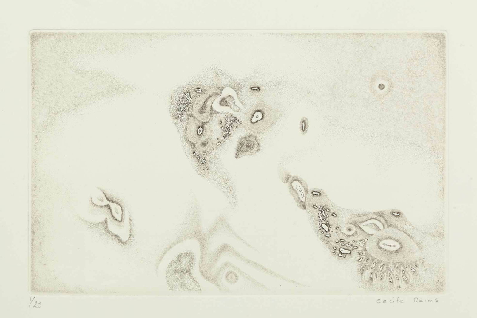 Cecile Reims, Cosmogonies No. 8, 1959, Drypoint etching on cotton paper, Edition 1/23, Signed,: Cécile Reims (French, 1927-2020) discovered engraving as an apprentice at seventeen and became one of France's foremost master engravers, producing over 1400 works over her career. Awarded the Legion