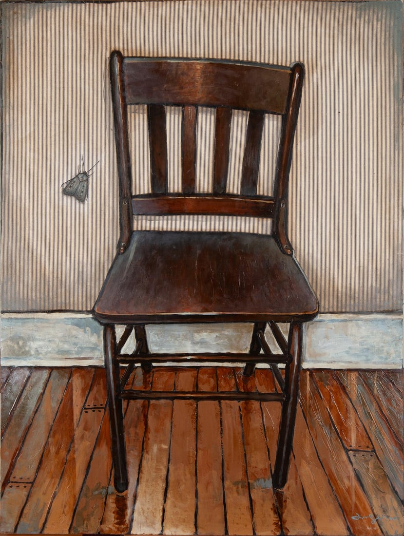 Joel Sager, Chair with Moth, c.2010, Original mixed media on panel, Signed: Joel Sager (American, b. 1980) is a painter whose work moves between abstraction and representation, shaped by a foundation in illustration. He holds a B.A. in art from William Jewell College and cont