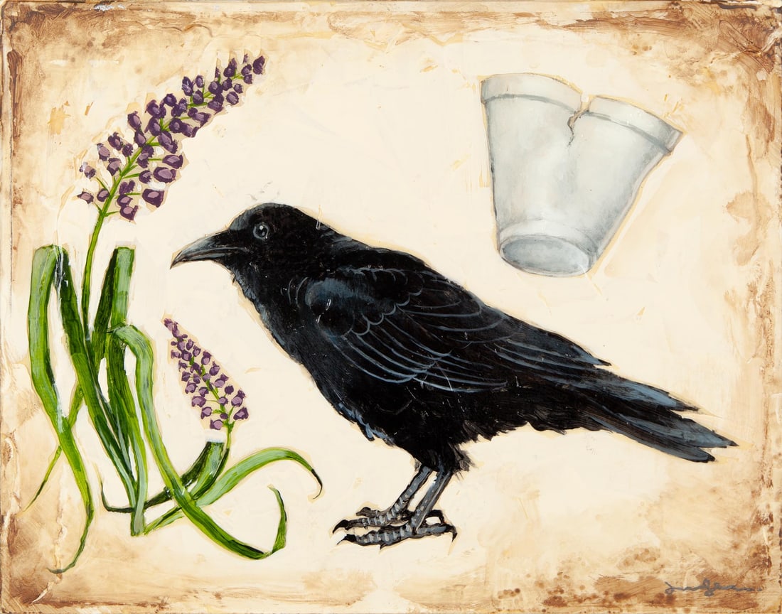 Joel Sager, Crow, Grape Hyacinth, and Styrofoam Cup, 2016, Original oil and sailboat varnish on (1 of 3)