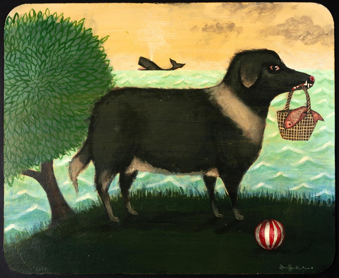 Joel Sager, Dog and Basket, 2017, Original oil on panel, Signed: Joel Sager (American, b. 1980) is a painter whose work moves between abstraction and representation, shaped by a foundation in illustration. He holds a B.A. in art from William Jewell College and cont