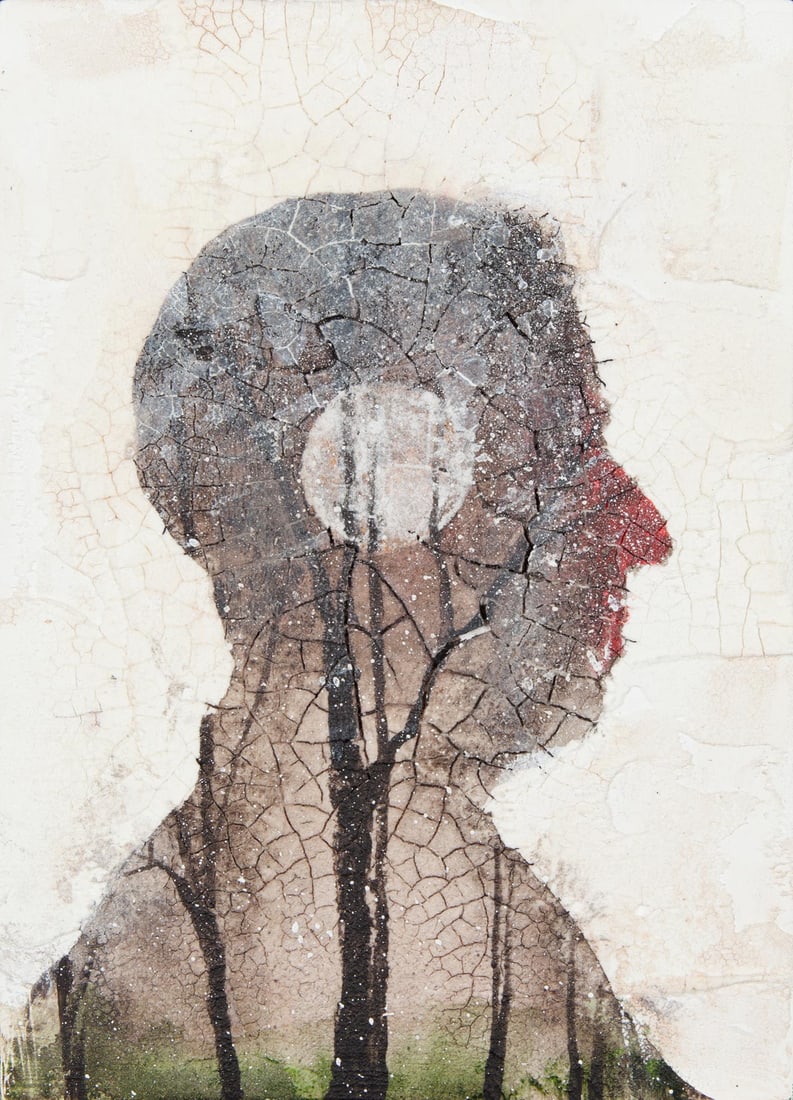 Joel Sager, First Snow And Divining Spell 1, 2020, Original oil sand and plaster on panel, Signed: Joel Sager (American, b. 1980) is a painter whose work moves between abstraction and representation, shaped by a foundation in illustration. He holds a B.A. in art from William Jewell College and cont