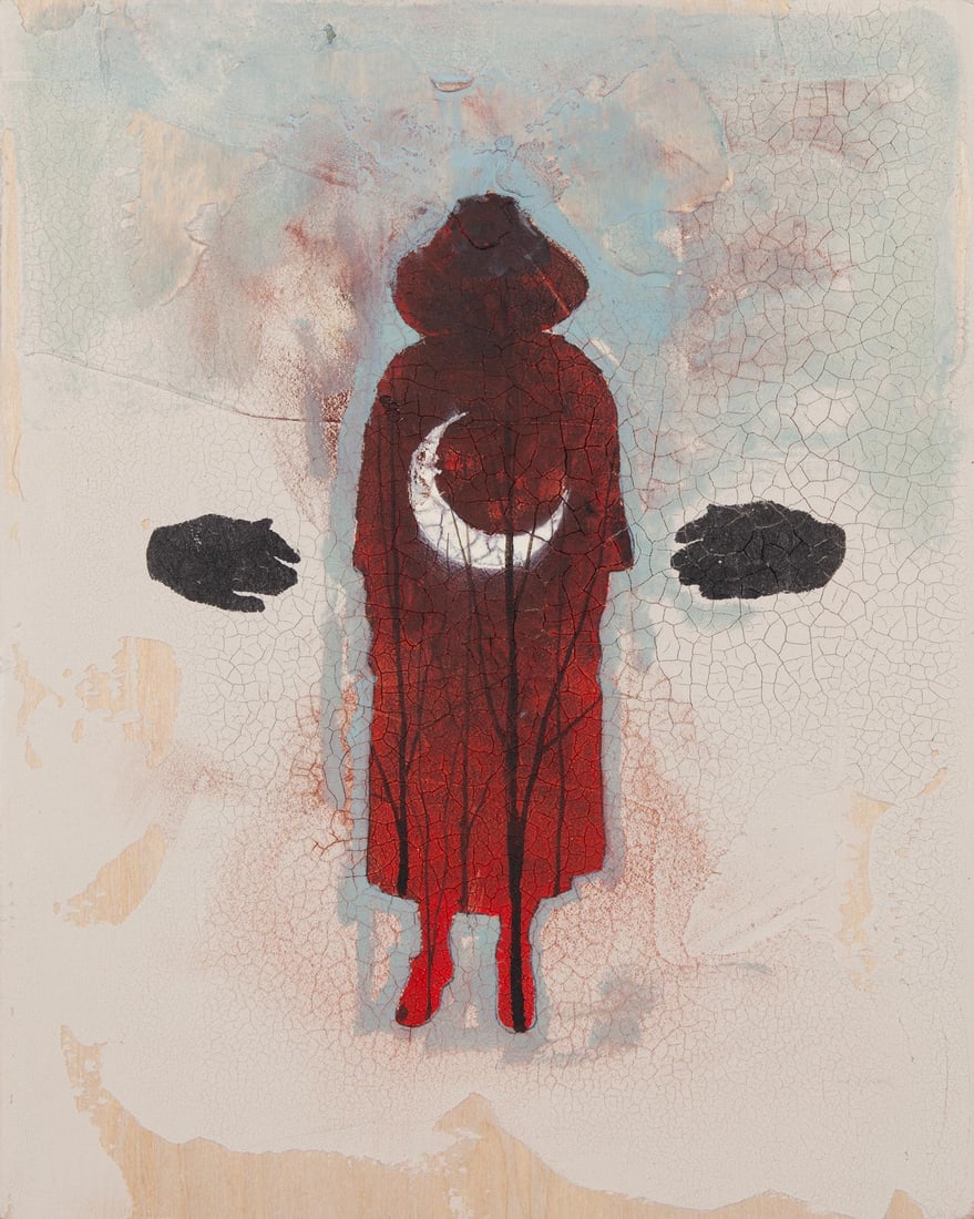 Joel Sager, Help You Down, 2020, Original oil on sand and plaster on panel, Signed: Joel Sager (American, b. 1980) is a painter whose work moves between abstraction and representation, shaped by a foundation in illustration. He holds a B.A. in art from William Jewell College and cont