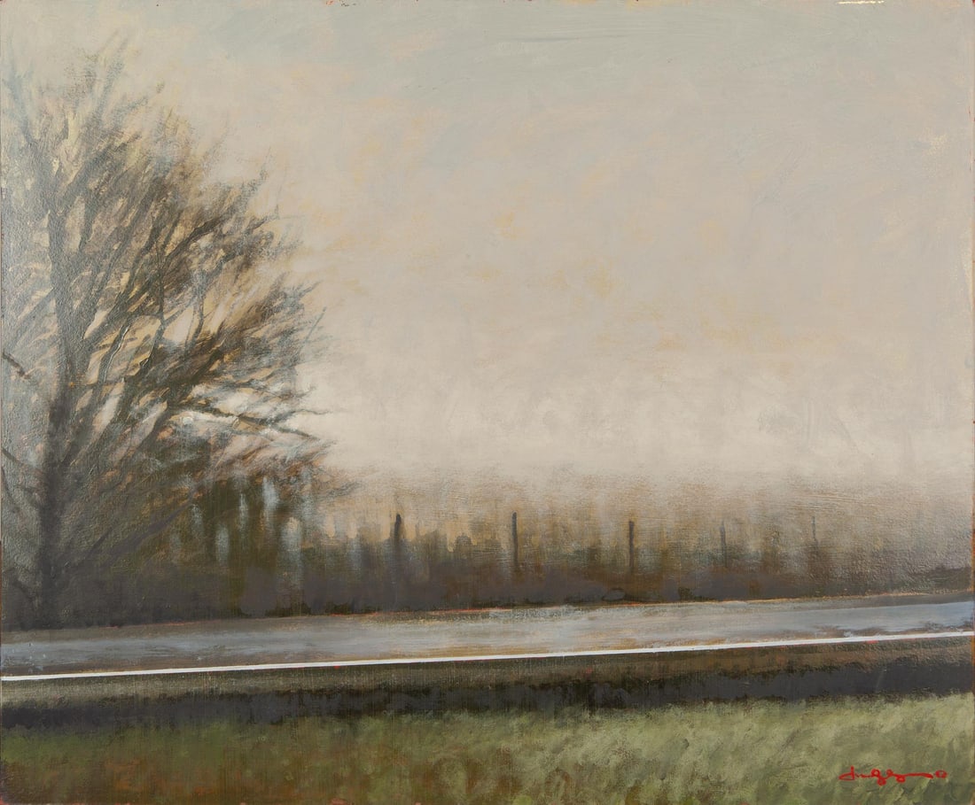 Joel Sager, Missouri at Dawn I, 2016, Original oil and wax on panel, Signed: Joel Sager (American, b. 1980) is a painter whose work moves between abstraction and representation, shaped by a foundation in illustration. He holds a B.A. in art from William Jewell College and cont