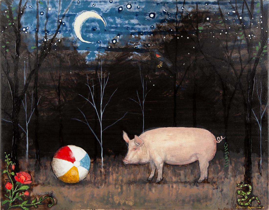 Joel Sager, Sangfroid Songs, 2020, Original oil on panel, Signed: Joel Sager (American, b. 1980) is a painter whose work moves between abstraction and representation, shaped by a foundation in illustration. He holds a B.A. in art from William Jewell College and cont