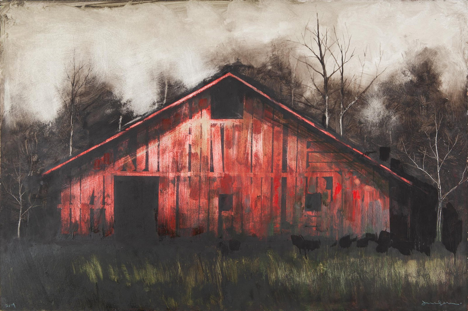 Joel Sager, Sylvan Structure IX, 2019, Original oil and wax on panel, Signed: Joel Sager (American, b. 1980) is a painter whose work moves between abstraction and representation, shaped by a foundation in illustration. He holds a B.A. in art from William Jewell College and cont