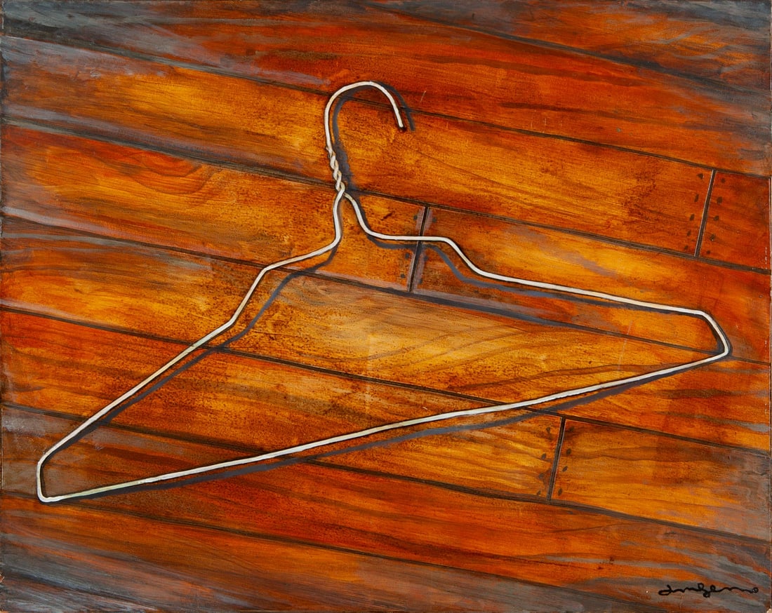 Joel Sager, Untitled (wire hanger), c. 2009, Original mixed media, Signed: Joel Sager (American, b. 1980) is a painter whose work moves between abstraction and representation, shaped by a foundation in illustration. He holds a B.A. in art from William Jewell College and cont