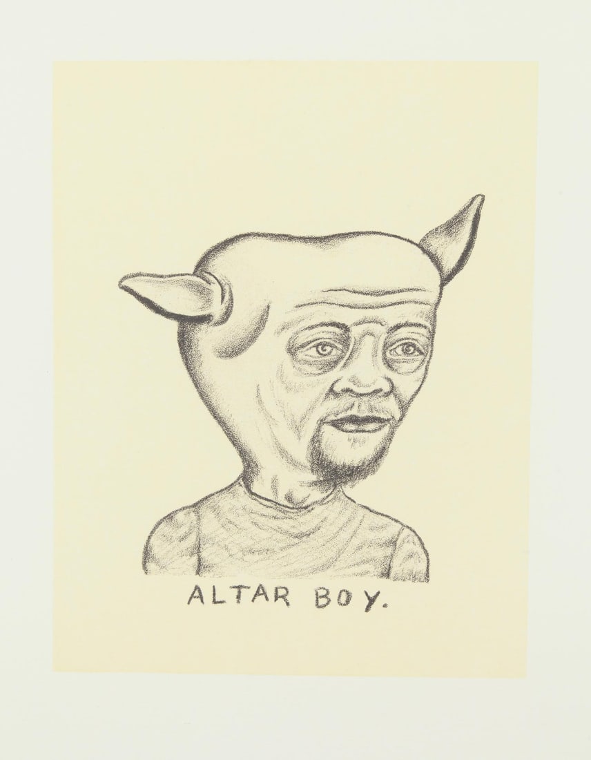 Fred Stonehouse, Altar Boy, 2007, Lithograph on paper, Edition 9/15, Signed, Framed: Fred Stonehouse (American, b. 1960) is a Milwaukee-born painter and printmaker whose work draws on the Wisconsin tradition of tall tales and folkloric storytelling. His invented cast of characters - h