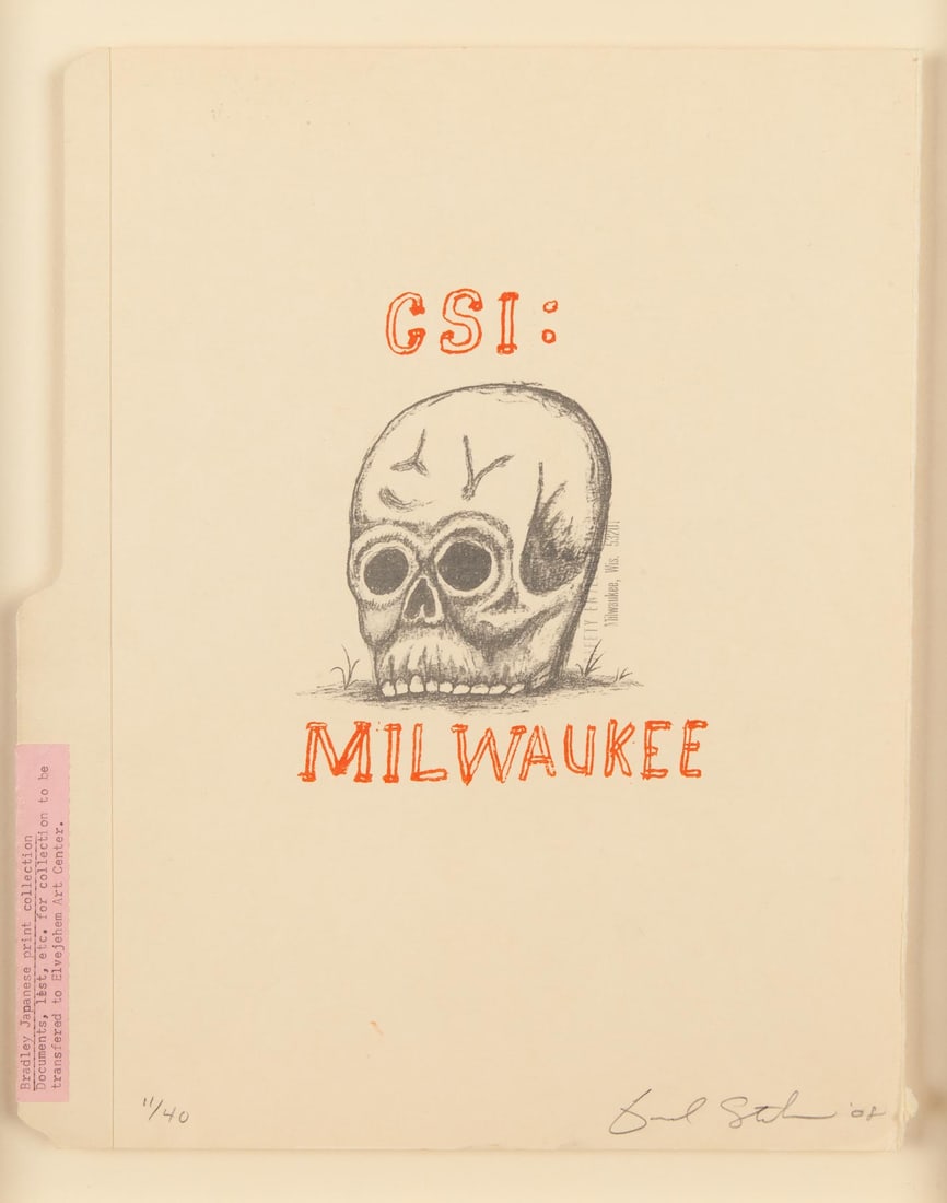 Fred Stonehouse, CSI Milwaukee, 2008, Lithograph on paper, Edition 11/40, Signed, Framed: Fred Stonehouse (American, b. 1960) is a Milwaukee-born painter and printmaker whose work draws on the Wisconsin tradition of tall tales and folkloric storytelling. His invented cast of characters - h