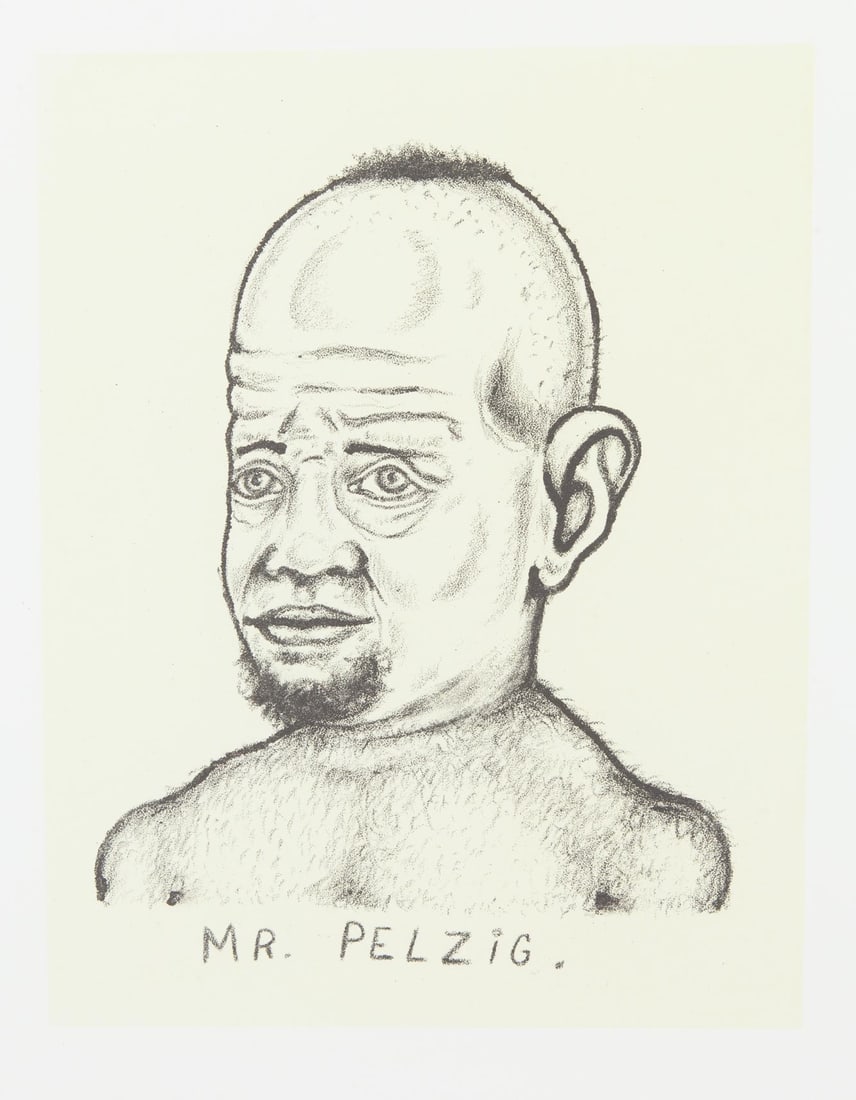 Fred Stonehouse, Mr. Pelzig, 2007, Lithograph on paper, Edition 5/10, Signed, Framed: Fred Stonehouse (American, b. 1960) is a Milwaukee-born painter and printmaker whose work draws on the Wisconsin tradition of tall tales and folkloric storytelling. His invented cast of characters - h