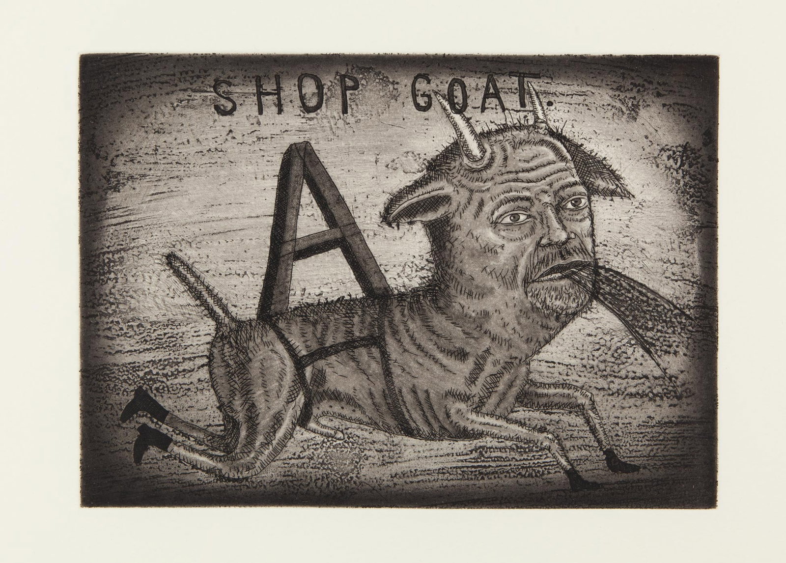 Fred Stonehouse, Shop Goat, 2009, Aquatint etching, Edition 7/14, Signed, Framed: Fred Stonehouse (American, b. 1960) is a Milwaukee-born painter and printmaker whose work draws on the Wisconsin tradition of tall tales and folkloric storytelling. His invented cast of characters - h