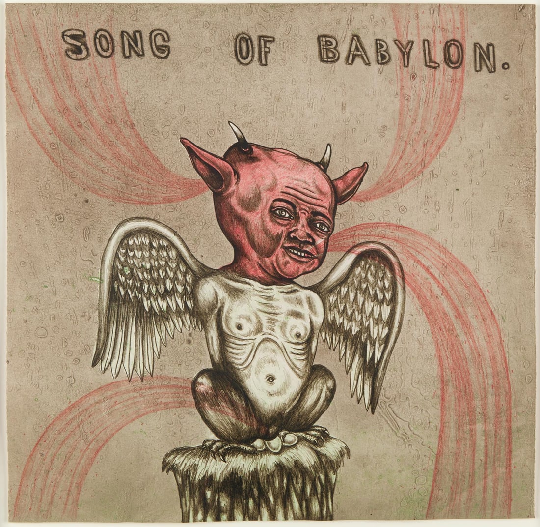 Fred Stonehouse, Song of Babylon, c. 2010, Lithograph on paper, Edition 5/36, Signed, Framed: Fred Stonehouse (American, b. 1960) is a Milwaukee-born painter and printmaker whose work draws on the Wisconsin tradition of tall tales and folkloric storytelling. His invented cast of characters - h