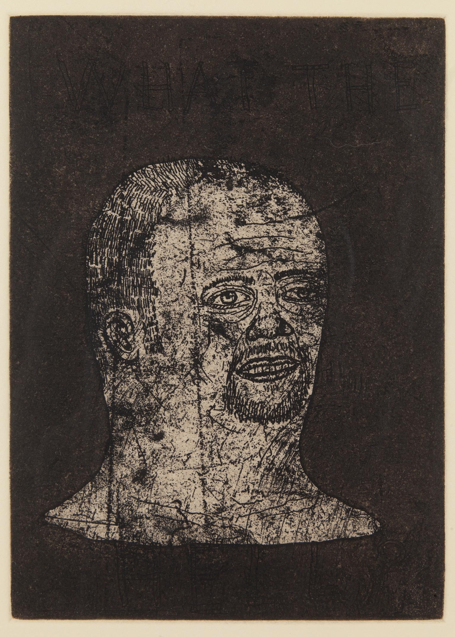 Fred Stonehouse, What the Hell, 2010, Aquatint etching on paper, Edition 5/10, Signed, Framed: Fred Stonehouse (American, b. 1960) is a Milwaukee-born painter and printmaker whose work draws on the Wisconsin tradition of tall tales and folkloric storytelling. His invented cast of characters - h