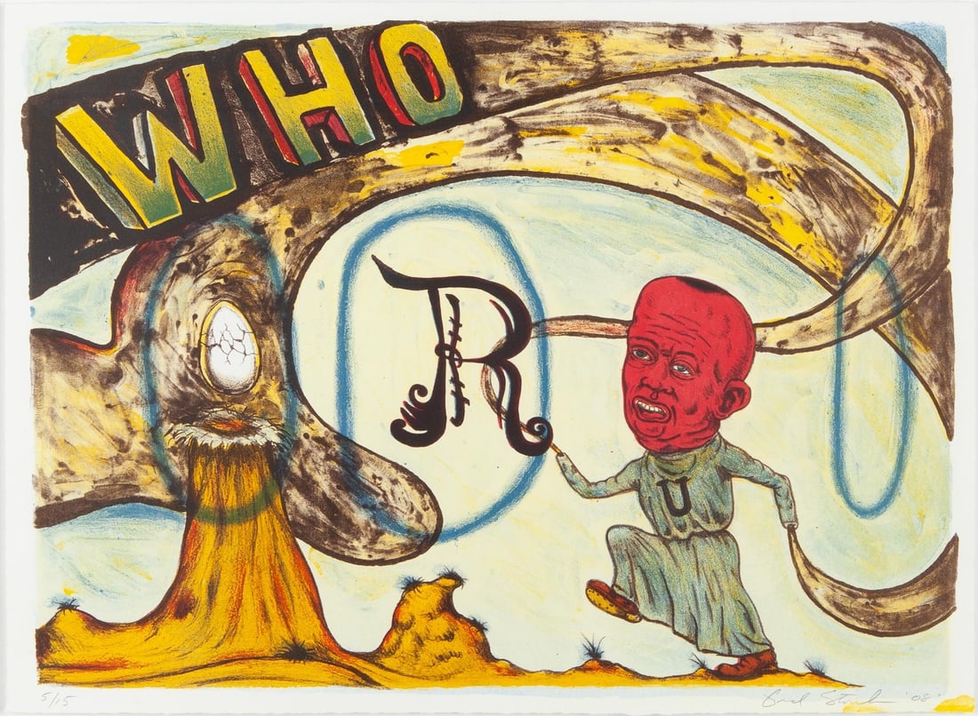 Fred Stonehouse, Who R U, 2008, Lithograph, Edition 5/15, Signed, Framed: Fred Stonehouse (American, b. 1960) is a Milwaukee-born painter and printmaker whose work draws on the Wisconsin tradition of tall tales and folkloric storytelling. His invented cast of characters - h